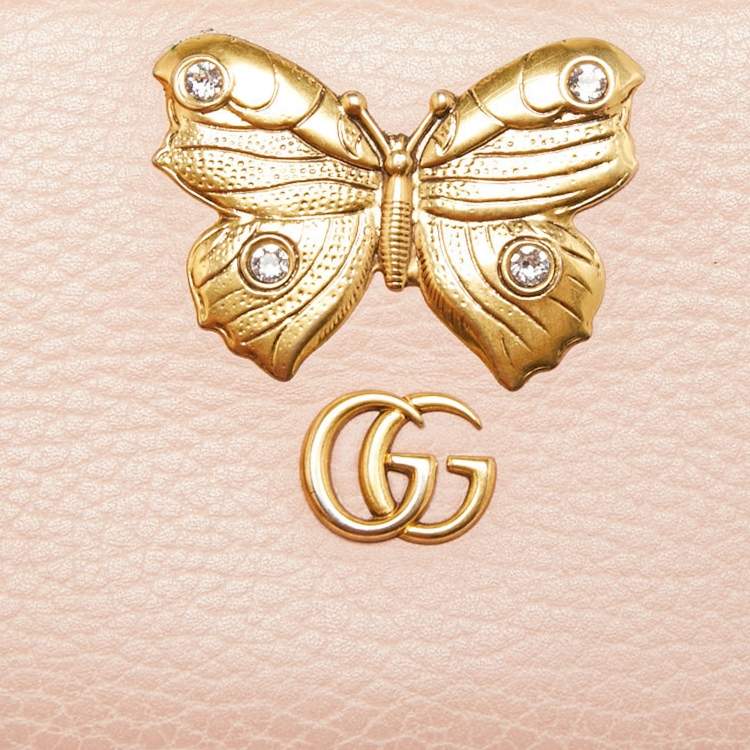 Pre Owned Gucci Light Pink Leather GG Butterfly Zip Around Continental Wallet
