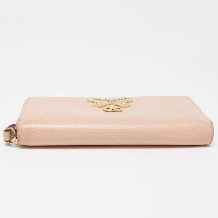 Pre Owned Gucci Light Pink Leather GG Butterfly Zip Around Continental Wallet