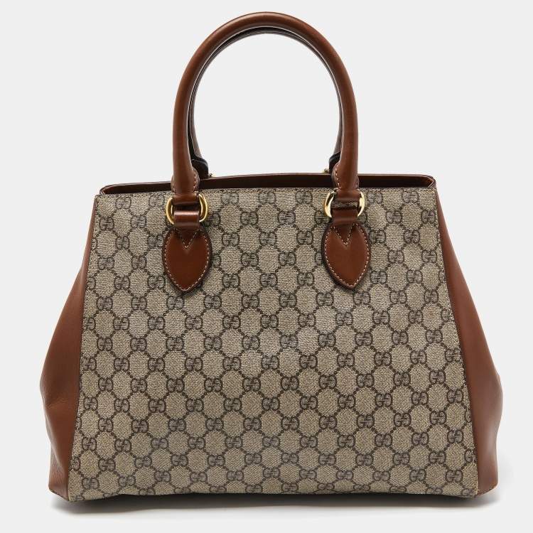 Pre Owned Gucci Brown/Beige GG Canvas and Leather Side Snap Tote