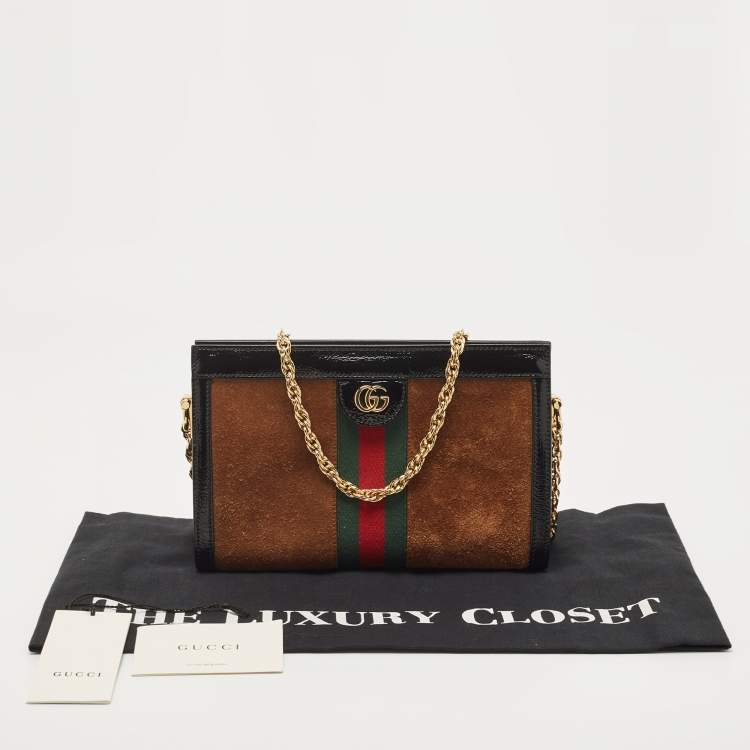 Pre Owned Gucci Black/Brown Suede And Patent Leather Ophidia Chain Bag