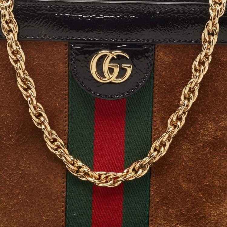 Pre Owned Gucci Black/Brown Suede And Patent Leather Ophidia Chain Bag