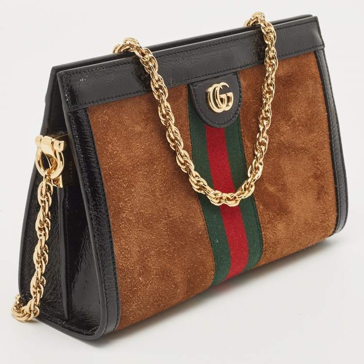Pre Owned Gucci Black/Brown Suede And Patent Leather Ophidia Chain Bag