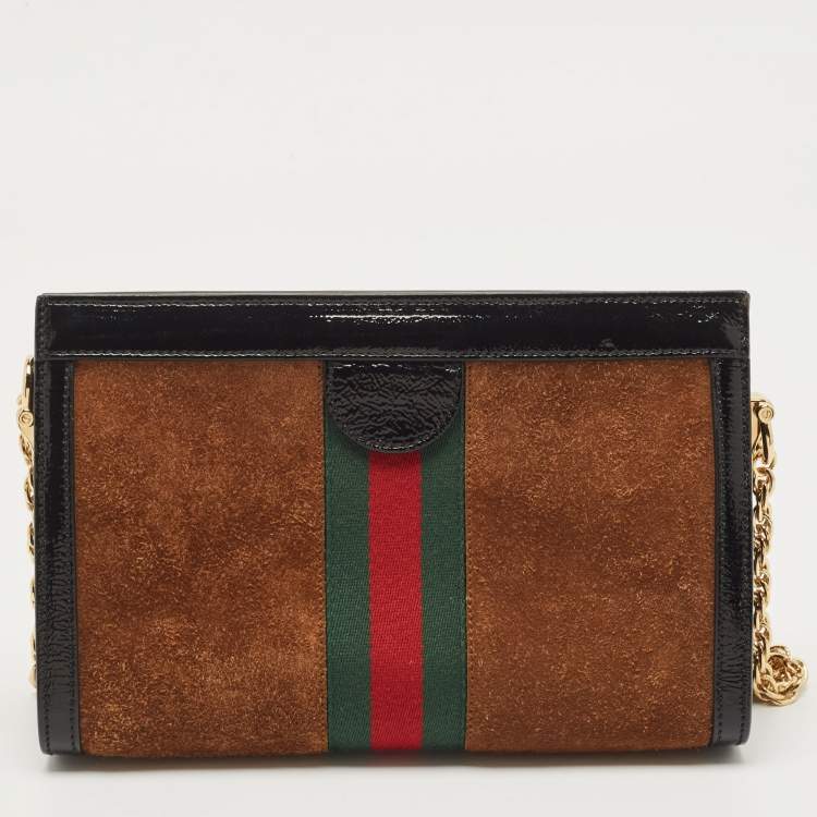 Pre Owned Gucci Black/Brown Suede And Patent Leather Ophidia Chain Bag