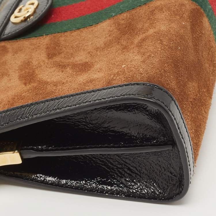 Pre Owned Gucci Black/Brown Suede And Patent Leather Ophidia Chain Bag