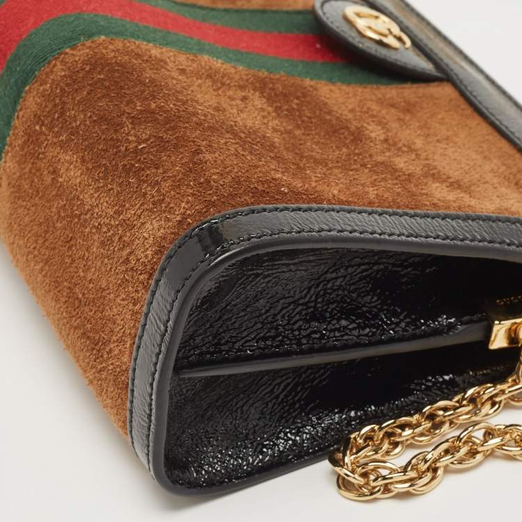 Pre Owned Gucci Black/Brown Suede And Patent Leather Ophidia Chain Bag