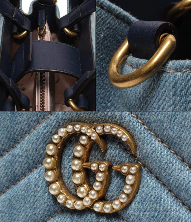 مملوكة مسبقًا Gucci Blue Matelassé Denim and Leather Small GG Marmont Tote