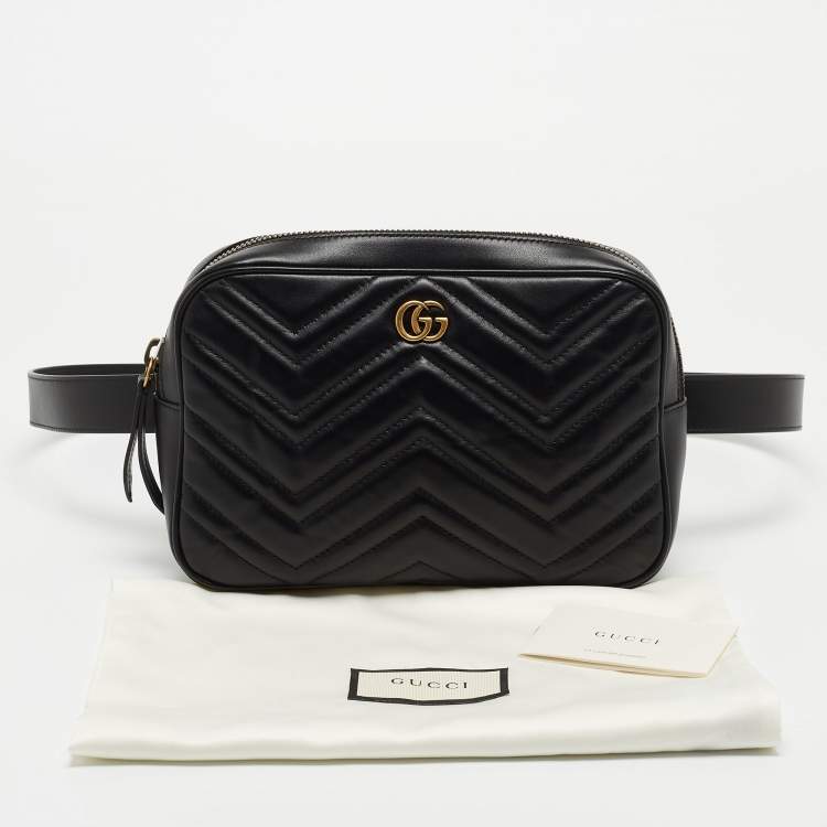 Pre Owned Gucci Black Matelassé Leather GG Marmont Belt Bag