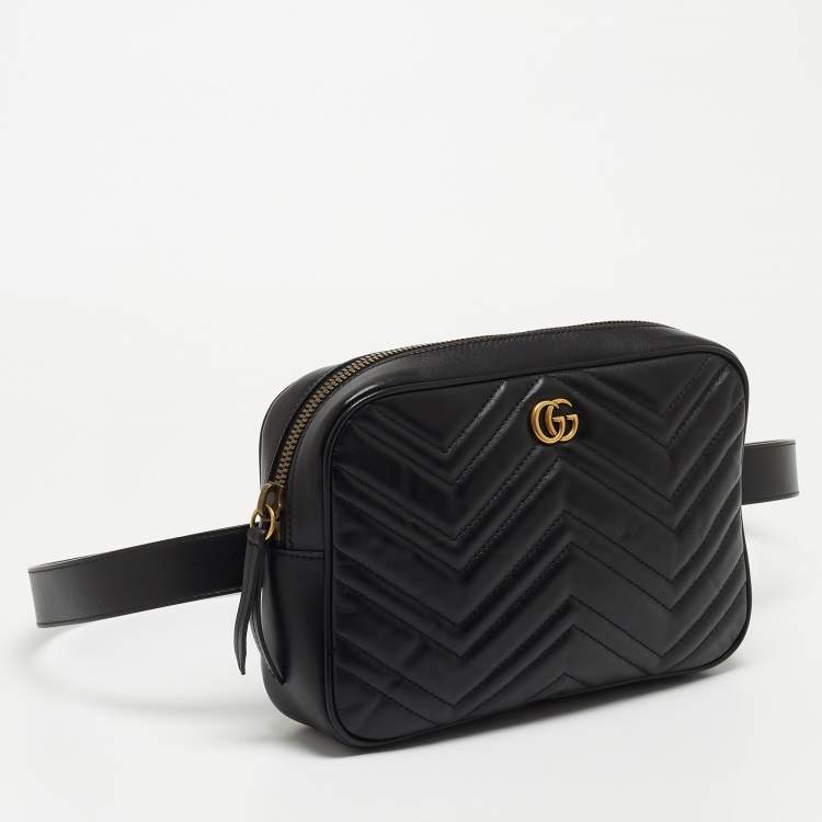 Pre Owned Gucci Black Matelassé Leather GG Marmont Belt Bag