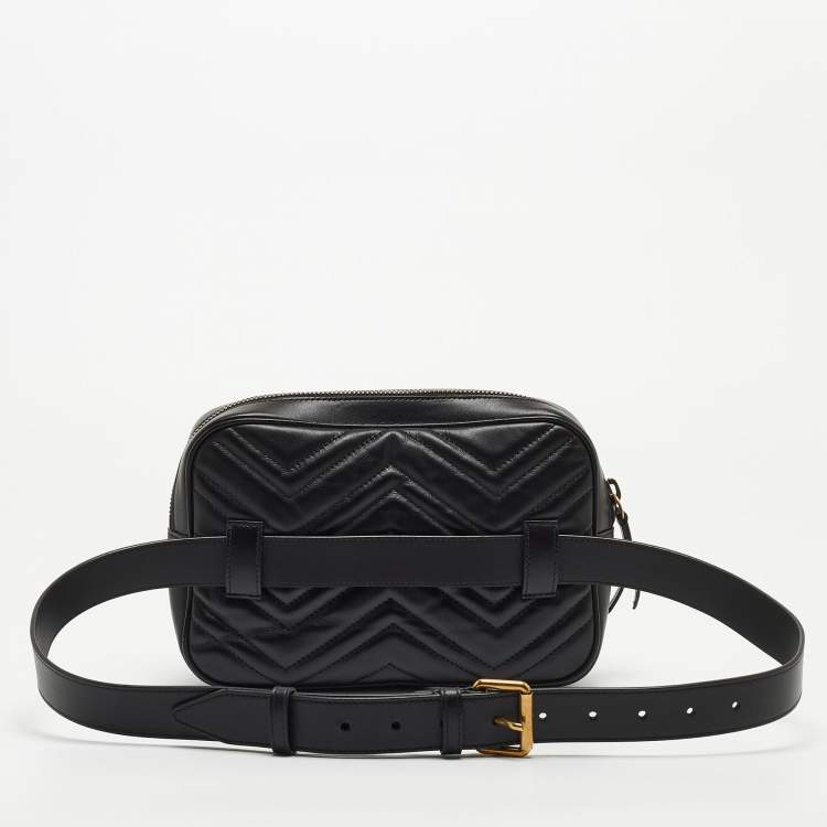 Pre Owned Gucci Black Matelassé Leather GG Marmont Belt Bag