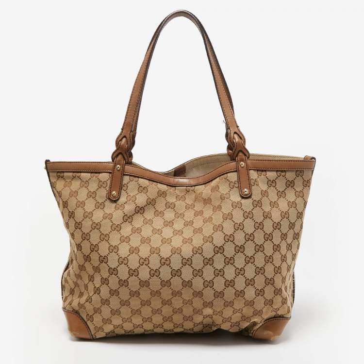 GUCCI Beige Tan Leather trim Canvas as is - well loved Tote Purse