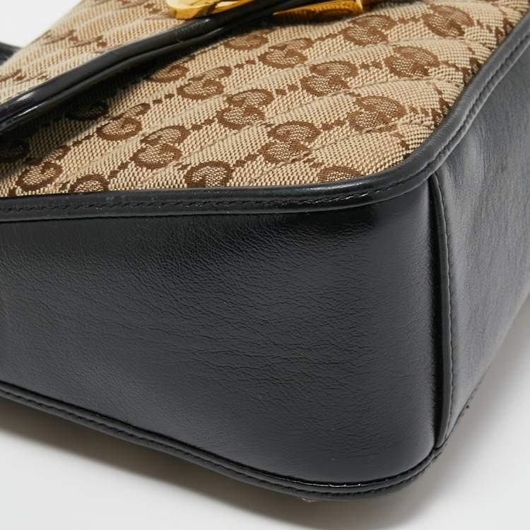 Pre Owned Gucci Beige/Black Diagonal Quilt GG Canvas and Leather Mini GG Marmont Top Handle Bag