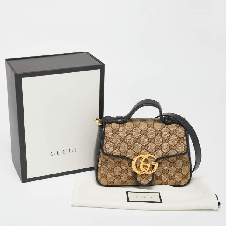 Pre Owned Gucci Beige/Black Diagonal Quilt GG Canvas and Leather Mini GG Marmont Top Handle Bag