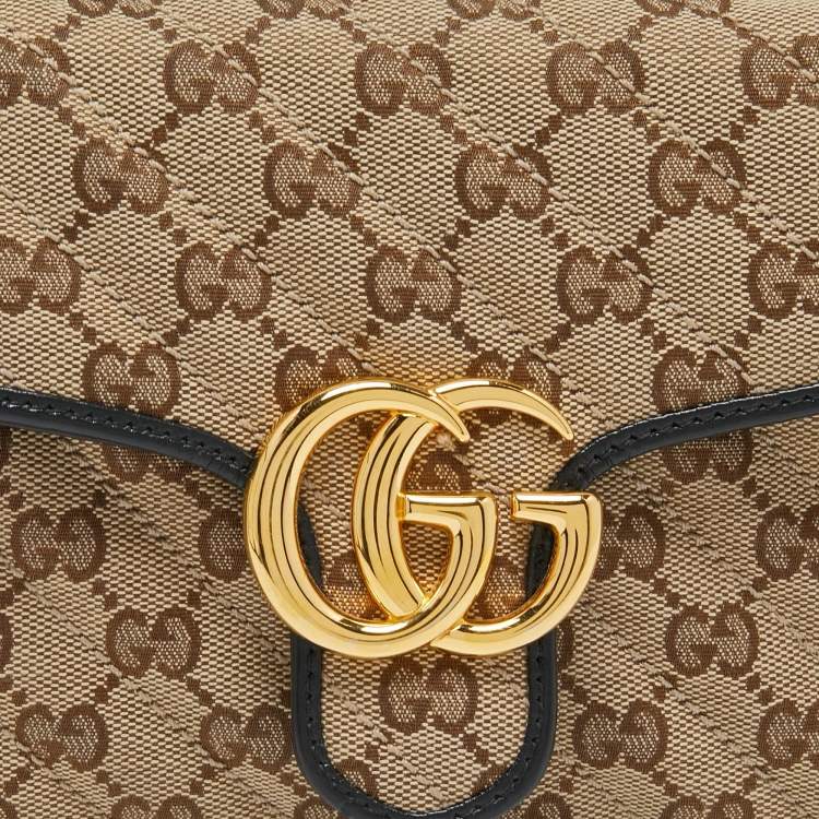 Pre Owned Gucci Beige/Black Diagonal Quilt GG Canvas and Leather Mini GG Marmont Top Handle Bag