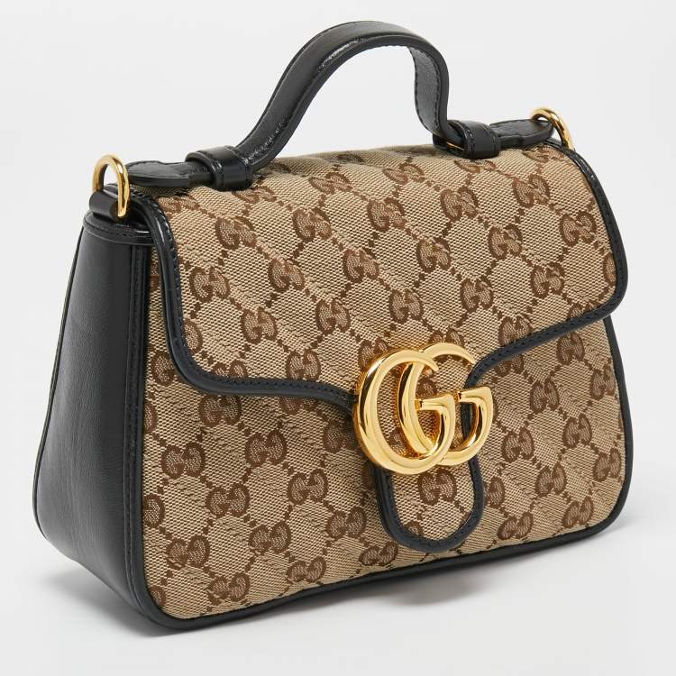 Pre Owned Gucci Beige/Black Diagonal Quilt GG Canvas and Leather Mini GG Marmont Top Handle Bag