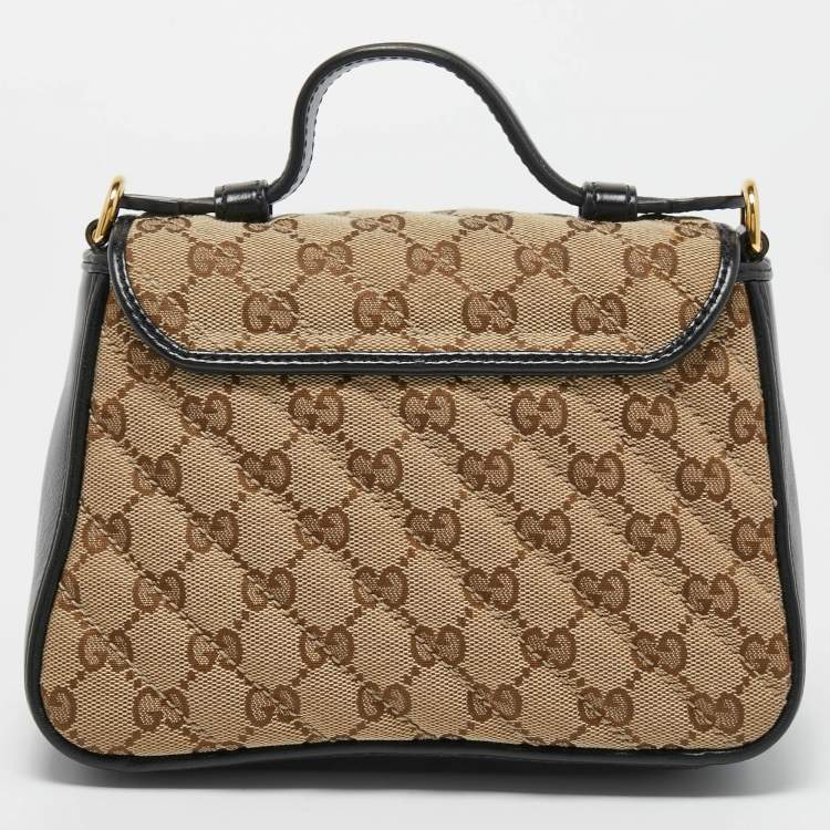 Pre Owned Gucci Beige/Black Diagonal Quilt GG Canvas and Leather Mini GG Marmont Top Handle Bag