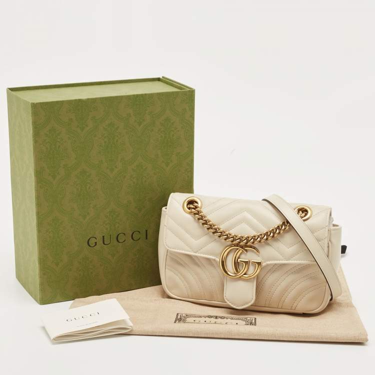 Pre Owned Gucci Off White Matelassé Leather Mini GG Marmont Shoulder Bag