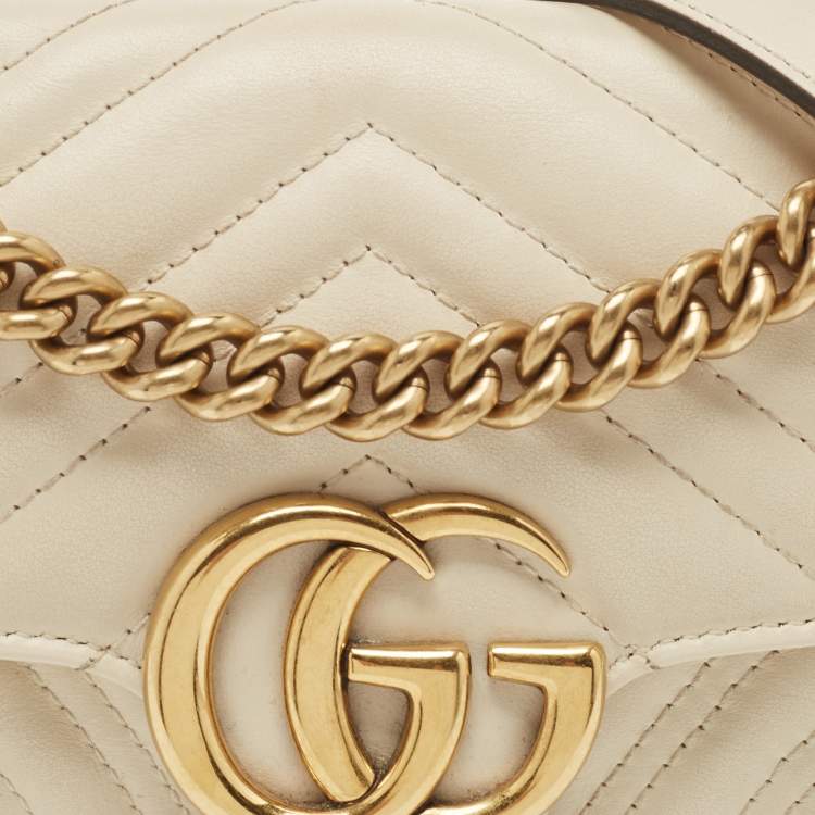 Pre Owned Gucci Off White Matelassé Leather Mini GG Marmont Shoulder Bag