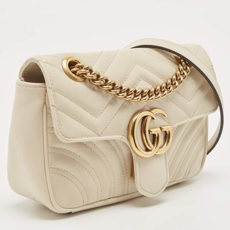 Pre Owned Gucci Off White Matelassé Leather Mini GG Marmont Shoulder Bag