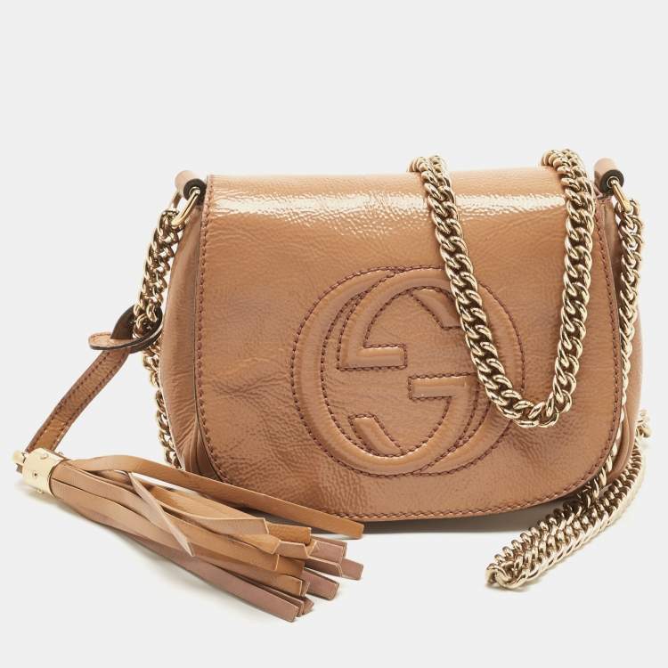 Gucci Beige Patent Leather Soho Flap Chain Crossbody Bag