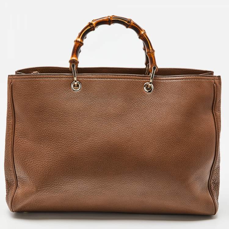 Pre Owned Gucci Brown Leather Large Bamboo Shopper Tote