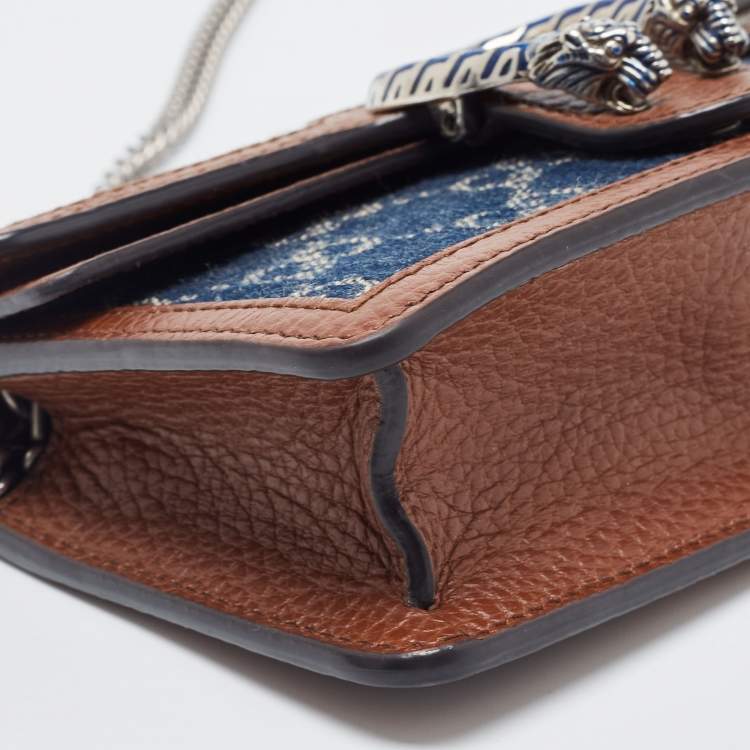 Pre Owned Gucci Blue/Tan GG Denim and Leather Super Mini Dionysus Crossbody Bag
