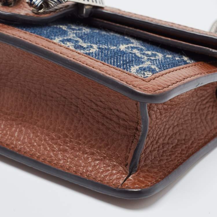 Pre Owned Gucci Blue/Tan GG Denim and Leather Super Mini Dionysus Crossbody Bag