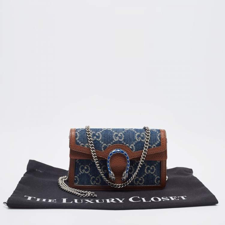 Pre Owned Gucci Blue/Tan GG Denim and Leather Super Mini Dionysus Crossbody Bag