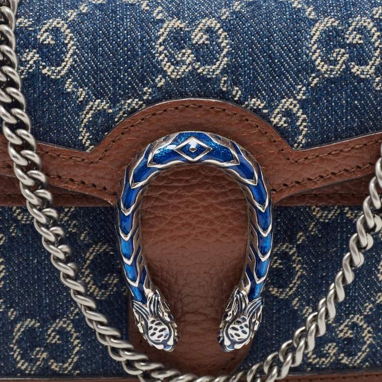 Pre Owned Gucci Blue/Tan GG Denim and Leather Super Mini Dionysus Crossbody Bag