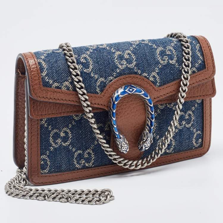 Pre Owned Gucci Blue/Tan GG Denim and Leather Super Mini Dionysus Crossbody Bag