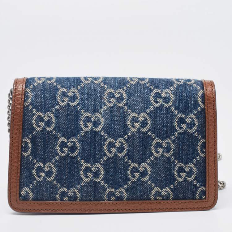 Pre Owned Gucci Blue/Tan GG Denim and Leather Super Mini Dionysus Crossbody Bag