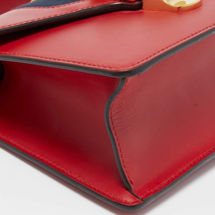 Pre Owned Gucci Red Leather Mini Web Chain Sylvie Top Handle Bag