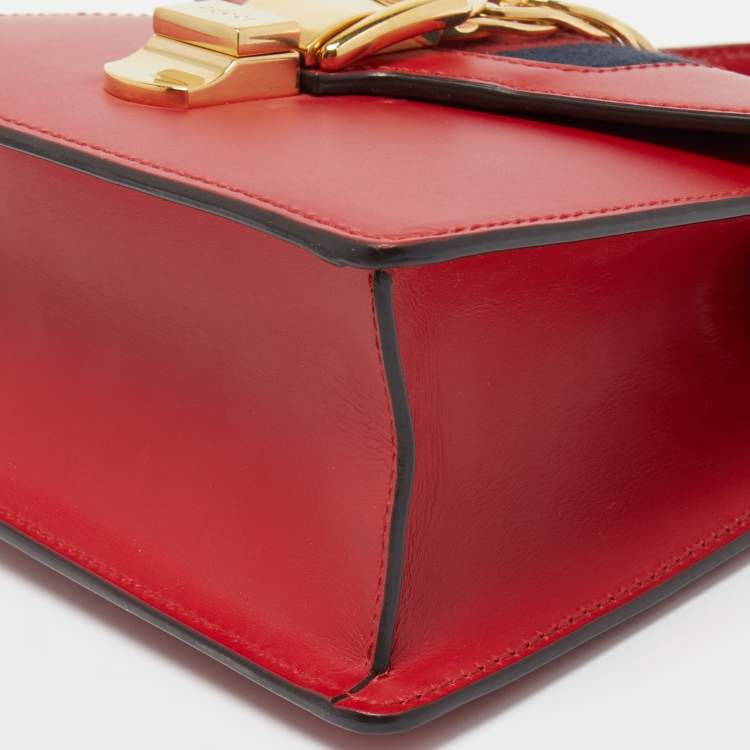Pre Owned Gucci Red Leather Mini Web Chain Sylvie Top Handle Bag