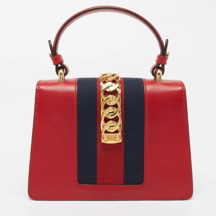 Pre Owned Gucci Red Leather Mini Web Chain Sylvie Top Handle Bag