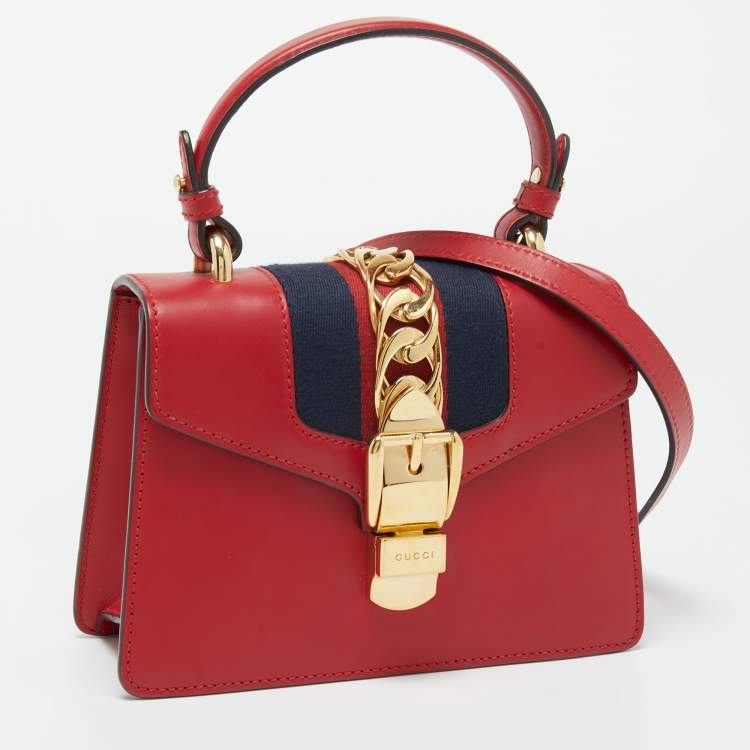 Pre Owned Gucci Red Leather Mini Web Chain Sylvie Top Handle Bag