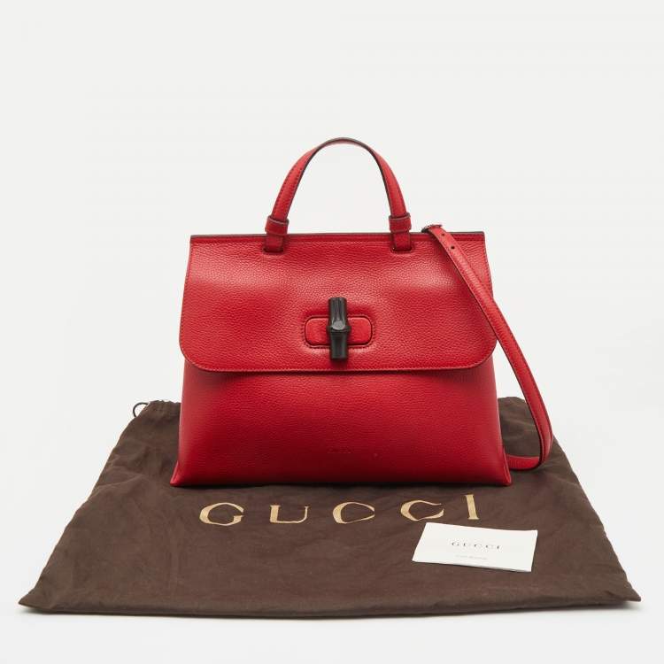 Pre Owned Gucci Red Leather Medium Bamboo Daily Top Handle Bag