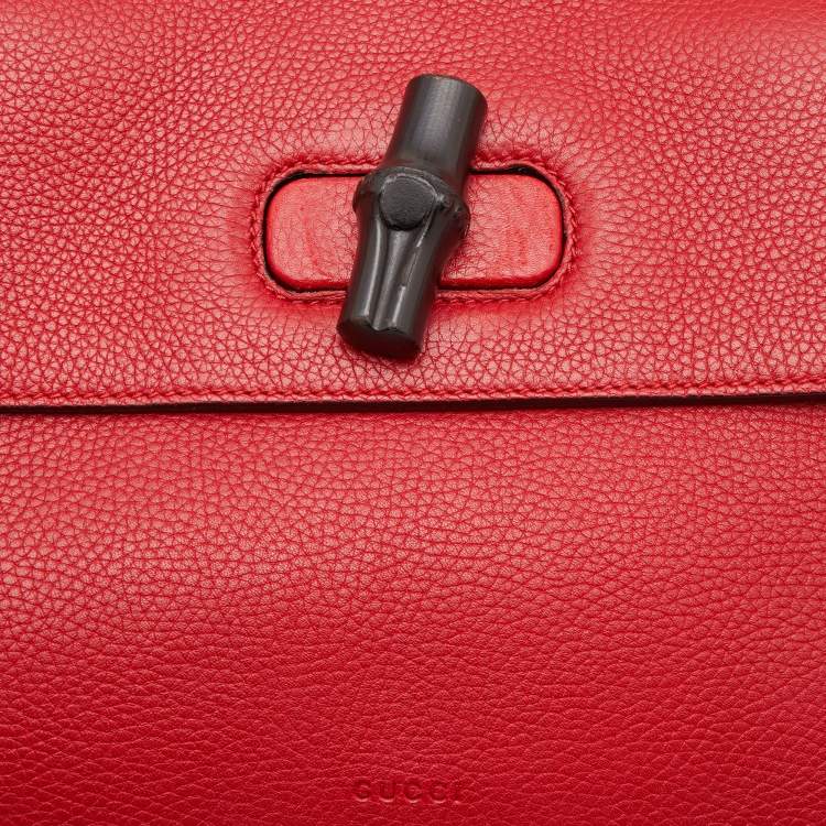 Pre Owned Gucci Red Leather Medium Bamboo Daily Top Handle Bag