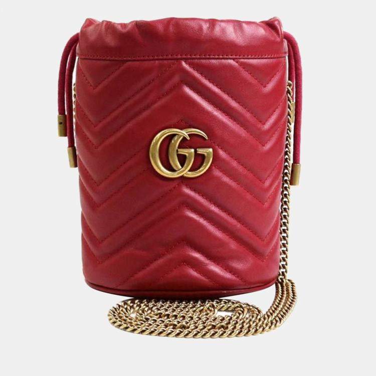 Pre Owned Gucci Red Leather GG Marmont Bucket Bag
