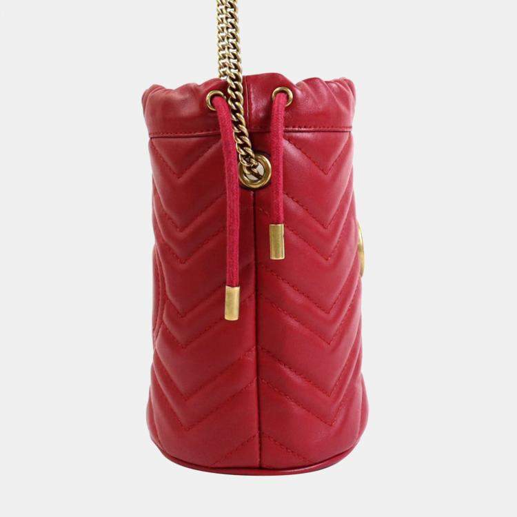 New Authentic Gucci GG Marmont Matelasse Leather Mini Bucket Bag Hibiscus  Red