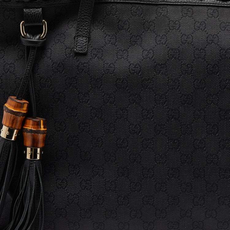 Pre Owned Gucci Black GG Canvas and Leather Bamboo Tassel Shopper Tote