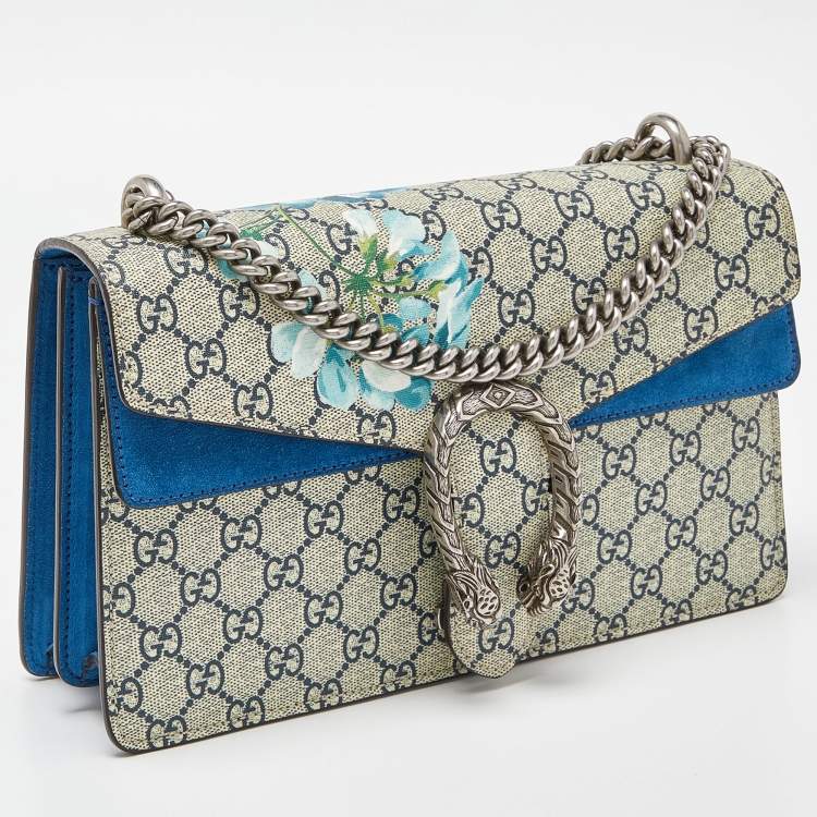 Pre Owned Gucci Blue/Beige GG Supreme Canvas and Suede Small Dionysus Blooms Shoulder Bag