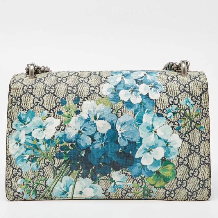 Pre Owned Gucci Blue/Beige GG Supreme Canvas and Suede Small Dionysus Blooms Shoulder Bag