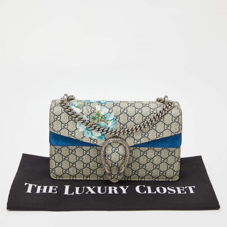 Pre Owned Gucci Blue/Beige GG Supreme Canvas and Suede Small Dionysus Blooms Shoulder Bag