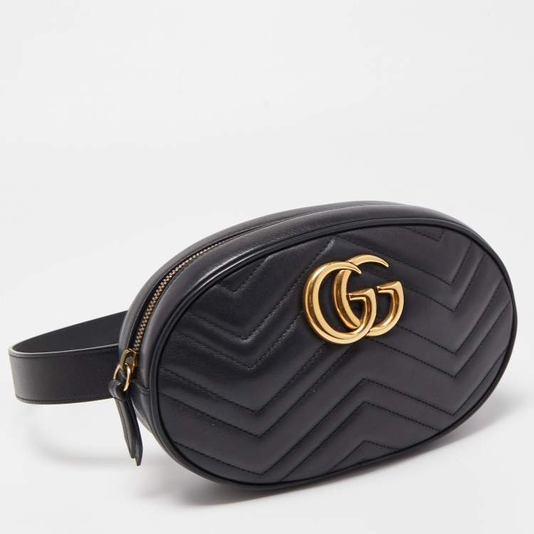 Pre Owned Gucci Black Matelassé Leather GG Marmont Belt Bag