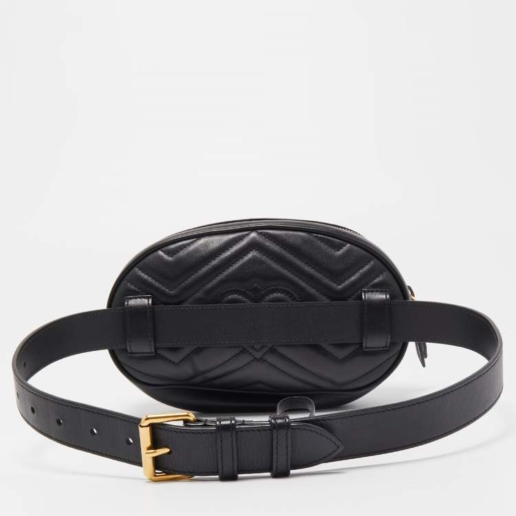 Pre Owned Gucci Black Matelassé Leather GG Marmont Belt Bag