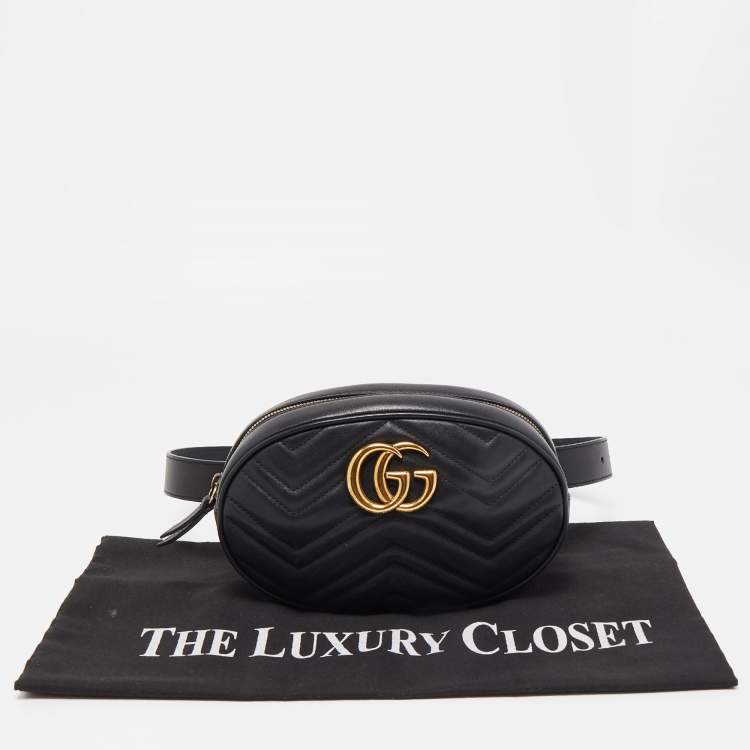 Pre Owned Gucci Black Matelassé Leather GG Marmont Belt Bag