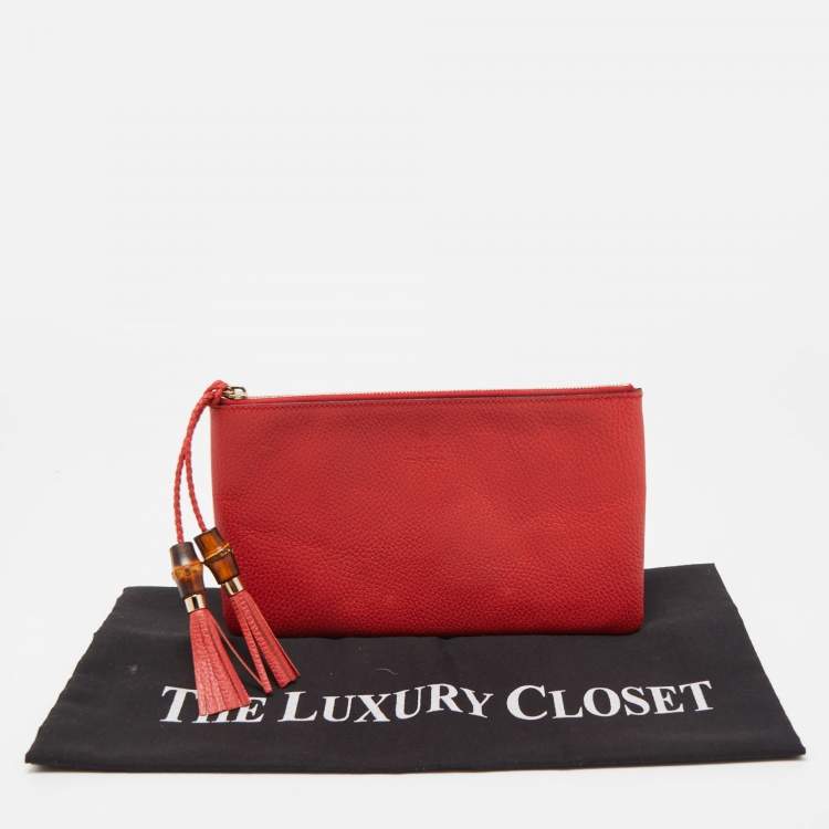 Pre Owned Gucci Red Leather Bamboo Tassel Zip Pouch