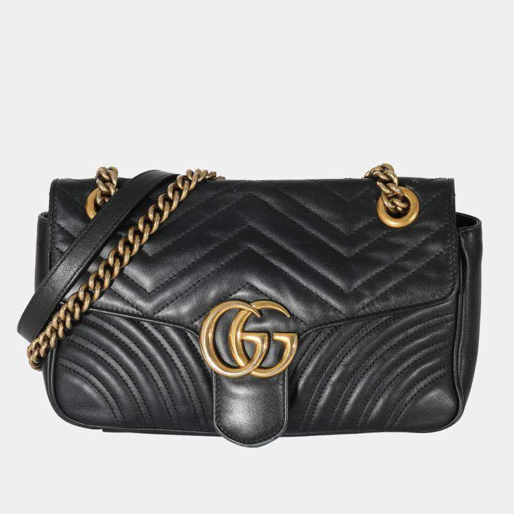 Gucci Black Chevron Leather Small GG Marmont Shoulder Bag Gucci