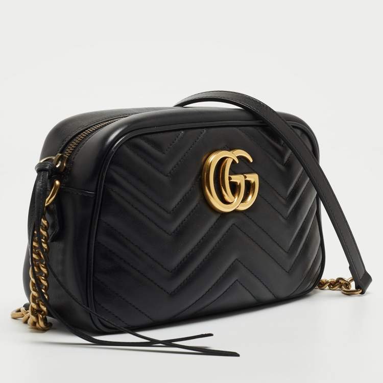 Pre Owned Gucci Black Matelasse Leather Small GG Marmont Shoulder Bag