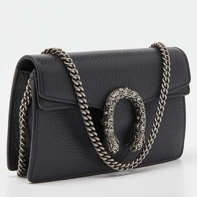 Pre Owned Gucci Black Leather Dionysus Super Mini Wallet on Chain