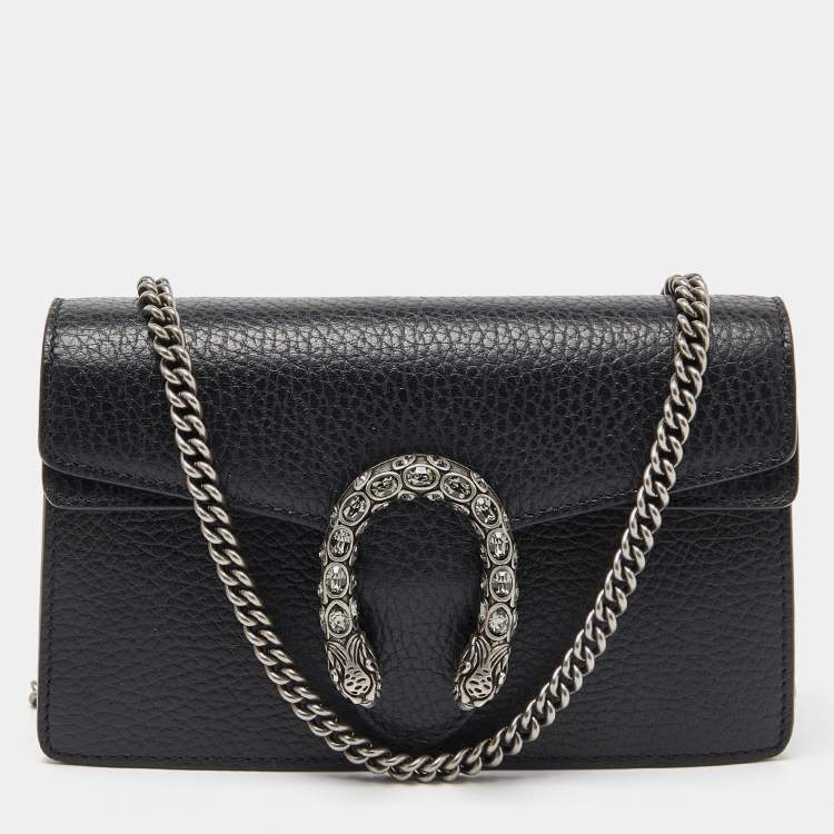 Pre Owned Gucci Black Leather Dionysus Super Mini Wallet on Chain